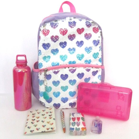 Heart Sequin Backpack Set 10 items (Blue Keychain) NEW - Picture 1 of 6